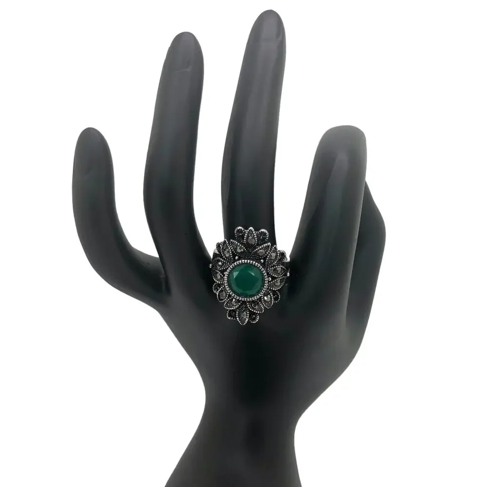 Silver and Green Rhinestone Statement Ring - Size 9